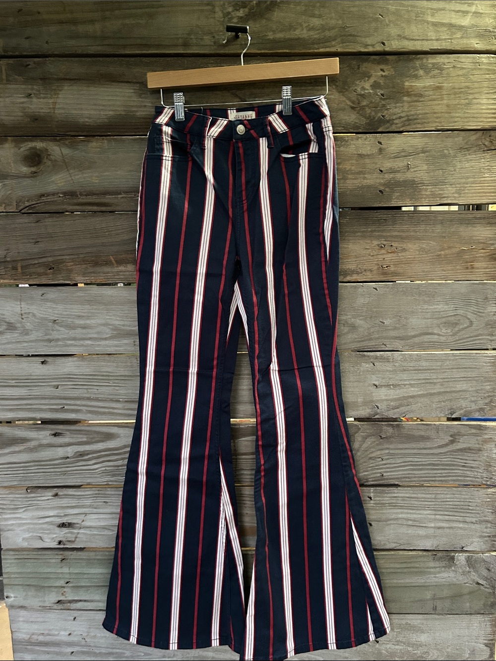 Shyanne Navy Flare Jeans with Red & White Stripes